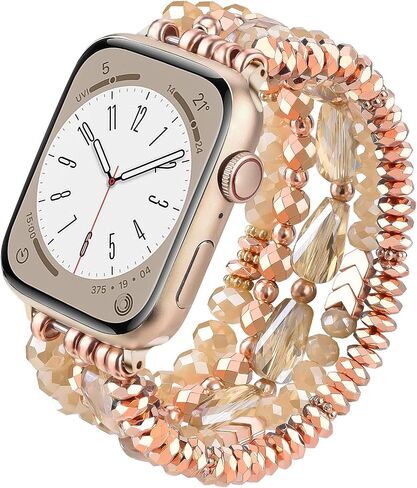 V-MORO Beaded Bracelet Band Compatible for Apple Watch Bands 38mm/40mm/41mm/42mm/44mm/45mm Women, Dressy Fancy Crystal Elastic Stretchy Strap for iwatch Series 8/7/SE/6/5/4/3/2/1 Rose Gold in Saudi Arabia