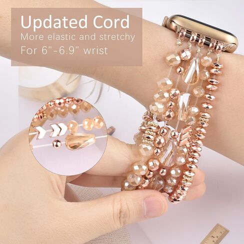 V-MORO Beaded Bracelet Band Compatible for Apple Watch Bands 38mm/40mm/41mm/42mm/44mm/45mm Women, Dressy Fancy Crystal Elastic Stretchy Strap for iwatch Series 8/7/SE/6/5/4/3/2/1 Rose Gold in Saudi Arabia