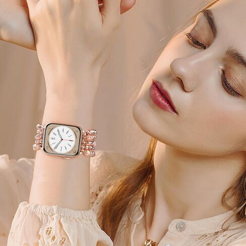 V-MORO Beaded Bracelet Band Compatible for Apple Watch Bands 38mm/40mm/41mm/42mm/44mm/45mm Women, Dressy Fancy Crystal Elastic Stretchy Strap for iwatch Series 8/7/SE/6/5/4/3/2/1 Rose Gold in Saudi Arabia