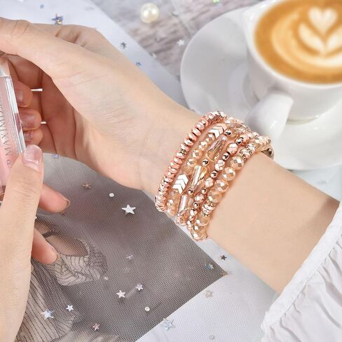 V-MORO Beaded Bracelet Band Compatible for Apple Watch Bands 38mm/40mm/41mm/42mm/44mm/45mm Women, Dressy Fancy Crystal Elastic Stretchy Strap for iwatch Series 8/7/SE/6/5/4/3/2/1 Rose Gold in Saudi Arabia