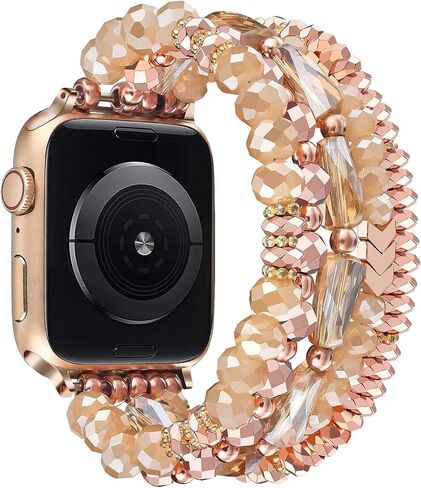 V-MORO Beaded Bracelet Band Compatible for Apple Watch Bands 38mm/40mm/41mm/42mm/44mm/45mm Women, Dressy Fancy Crystal Elastic Stretchy Strap for iwatch Series 8/7/SE/6/5/4/3/2/1 Rose Gold in Saudi Arabia