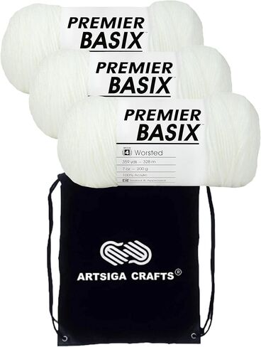 Premier Yarns Basix White 1115-01 (6-Skeins - نفس مجموعة الصبغة) خيوط أكريليك متوسطة #4 للحياكة والحياكة - حزمة مع 1 حقيبة مشروع Artsiga Crafts in Saudi Arabia