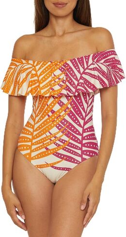 Trina Turk Women's Standard Sheer One Piece Swimsuit, Off Shoulder, Tropical Palm Leaf Print, Bathing Suits in Saudi Arabia