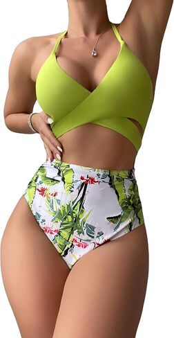 MakeMeChic Women's Tropical Print Halter Cross Wrap Cut Out One Piece Swimsuit Monokini Bathing Suit in Saudi Arabia
