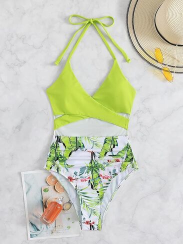 MakeMeChic Women's Tropical Print Halter Cross Wrap Cut Out One Piece Swimsuit Monokini Bathing Suit in Saudi Arabia