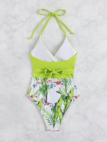 MakeMeChic Women's Tropical Print Halter Cross Wrap Cut Out One Piece Swimsuit Monokini Bathing Suit in Saudi Arabia