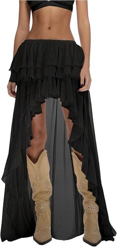 OYOANGLE Women's Boho Layered Ruffle Chiffon Maxi Skirt Y2K Elastic Drop Waist Asymmetrical Skirts in Saudi Arabia