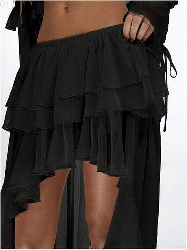 OYOANGLE Women's Boho Layered Ruffle Chiffon Maxi Skirt Y2K Elastic Drop Waist Asymmetrical Skirts in Saudi Arabia