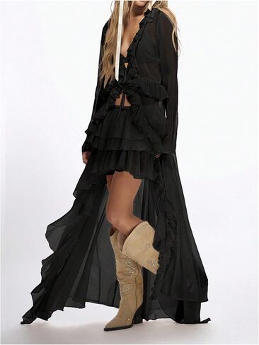 OYOANGLE Women's Boho Layered Ruffle Chiffon Maxi Skirt Y2K Elastic Drop Waist Asymmetrical Skirts in Saudi Arabia