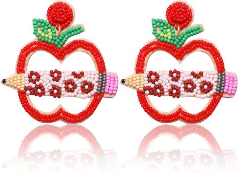 Boderier Teacher Earrings Apple Beaded Earrings for Women Statement Pencil Earrings Teacher Appreciation Gift in Saudi Arabia