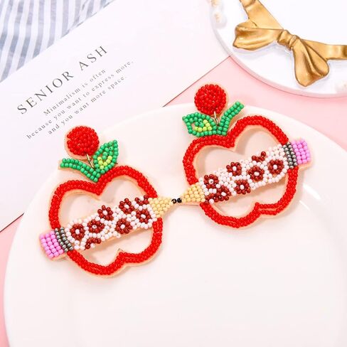 Boderier Teacher Earrings Apple Beaded Earrings for Women Statement Pencil Earrings Teacher Appreciation Gift in Saudi Arabia