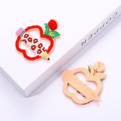 Boderier Teacher Earrings Apple Beaded Earrings for Women Statement Pencil Earrings Teacher Appreciation Gift in Saudi Arabia