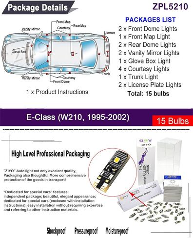 Ziyo LED LED Right Kit Presention for Mercedes Benz W210 W211 W212 E Class 1995-2016 + Plate Light Lights ، Dome Dome White Light Lrugher خالية (W210 E-Class 1995-2002 (15 مصباحًا)) in Kuwait