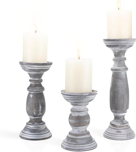 Rustic Wooden Pillar Candle Holders Set of 3, 12'' 9'' 6'' Farmhouse Wood Candle Stand for Table Centerpieces, Vintage Tall Candleholders Fireplace Mantel Decor for Living Room, Grey in Kuwait