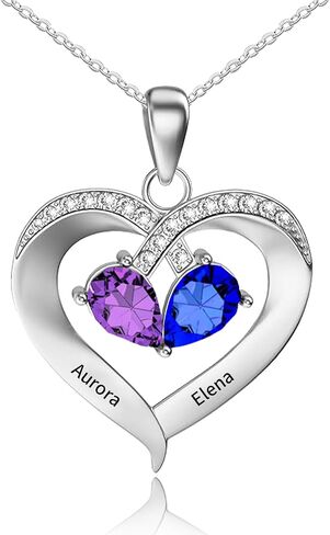 925 Sterling Silver Custom Birthstone Name Necklace Engraved Heart Charm with Your Names - Ideal Gift for Women Mother’s Day Anniversaries College Graduation in Saudi Arabia