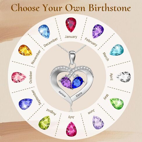 925 Sterling Silver Custom Birthstone Name Necklace Engraved Heart Charm with Your Names - Ideal Gift for Women Mother’s Day Anniversaries College Graduation in Saudi Arabia