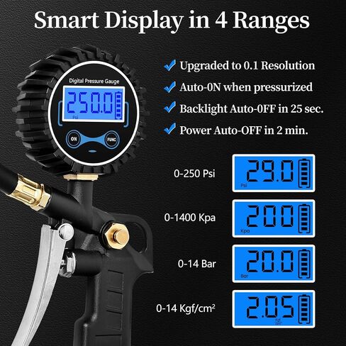 مقياس ضغط الإطارات الرقمية مع نفخ 250 رطل ، ومرفقات ضاغط الهواء شاك بزاوية 360 درجة ، وحماية تسرب محسنة ومقياس إطارات الخراطيم الممتدة ، دقة عرض 0.1 ، مع صندوق تخزين in Kuwait