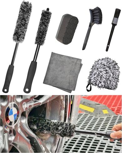 Refined Long Handle Car Wheel Brush Arsenal, Soft Wheel and Rim Brush,Tire Brush, Bendable & Durable Car Wheel Rim Cleaner Brush Kit for Cleaning Wheels and Tires in Kuwait