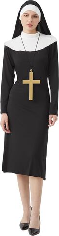 Halloween Nun Costume Woman, Nun Costume Dress Set Adult, Nun Outfit+Nun hat+ Cross Pendant for Cosplay Party in Saudi Arabia