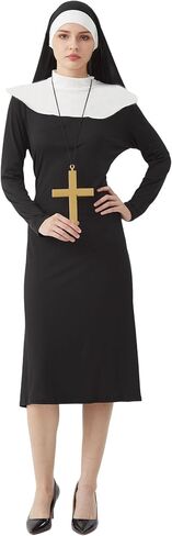 Halloween Nun Costume Woman, Nun Costume Dress Set Adult, Nun Outfit+Nun hat+ Cross Pendant for Cosplay Party in Saudi Arabia