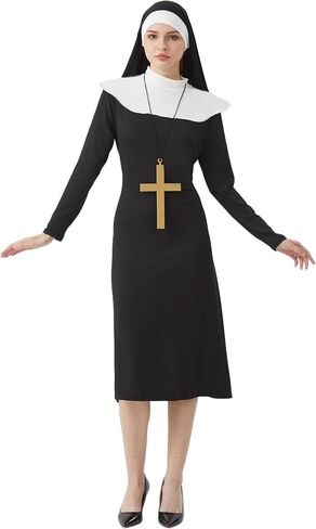Halloween Nun Costume Woman, Nun Costume Dress Set Adult, Nun Outfit+Nun hat+ Cross Pendant for Cosplay Party in Saudi Arabia