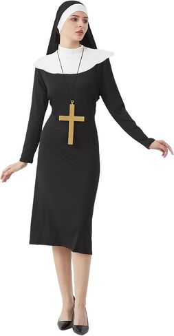 Halloween Nun Costume Woman, Nun Costume Dress Set Adult, Nun Outfit+Nun hat+ Cross Pendant for Cosplay Party in Saudi Arabia