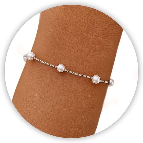 Pearl Bracelets for Women Heart Bracelets Silver Charm Bracelet Cute Birthday Gifts for Friends, 4 MM Pearl Jewelry Trendy Stuff Silver Love Stretch Bracelet Heart Jewelry Wedding Beach Gifts in Kuwait