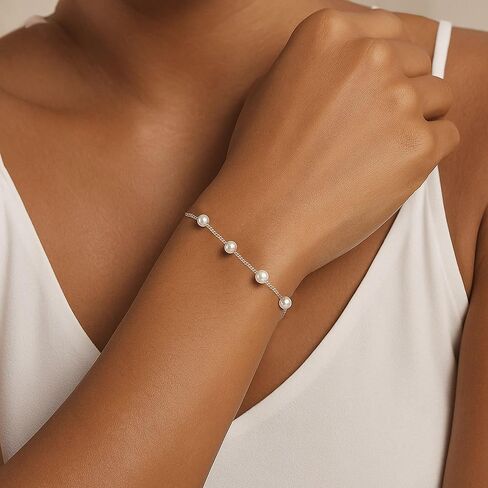 Pearl Bracelets for Women Heart Bracelets Silver Charm Bracelet Cute Birthday Gifts for Friends, 4 MM Pearl Jewelry Trendy Stuff Silver Love Stretch Bracelet Heart Jewelry Wedding Beach Gifts in Kuwait