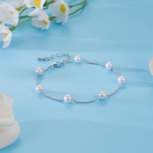 Pearl Bracelets for Women Heart Bracelets Silver Charm Bracelet Cute Birthday Gifts for Friends, 4 MM Pearl Jewelry Trendy Stuff Silver Love Stretch Bracelet Heart Jewelry Wedding Beach Gifts in Kuwait