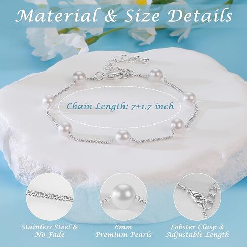 Pearl Bracelets for Women Heart Bracelets Silver Charm Bracelet Cute Birthday Gifts for Friends, 4 MM Pearl Jewelry Trendy Stuff Silver Love Stretch Bracelet Heart Jewelry Wedding Beach Gifts in Kuwait