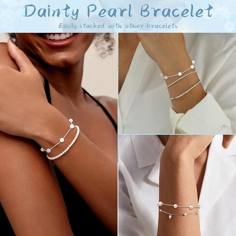 Pearl Bracelets for Women Heart Bracelets Silver Charm Bracelet Cute Birthday Gifts for Friends, 4 MM Pearl Jewelry Trendy Stuff Silver Love Stretch Bracelet Heart Jewelry Wedding Beach Gifts in Kuwait