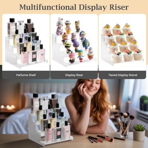 4-Tier Acrylic Display Riser Stand – 22.8x20x18.2cm Clear Perfume Stand for Display on Vanity, Countertops, & Retail Use – Tiered Acrylic Shelf for Figures, Cupcakes, Bottles, & Desserts in Saudi Arabia