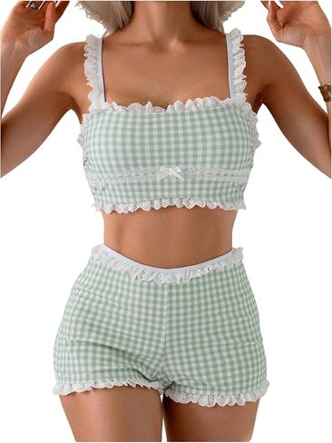 GORGLITTER Women's Plaid Gingham Cute Tankini Swimsuits with Shorts 2 Piece High Waisted Frill Lace Trim Bathing Suit in Saudi Arabia
