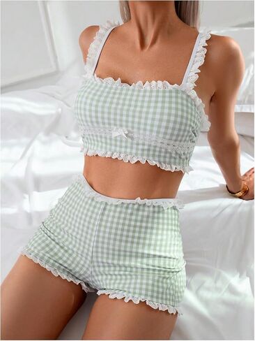 GORGLITTER Women's Plaid Gingham Cute Tankini Swimsuits with Shorts 2 Piece High Waisted Frill Lace Trim Bathing Suit in Saudi Arabia