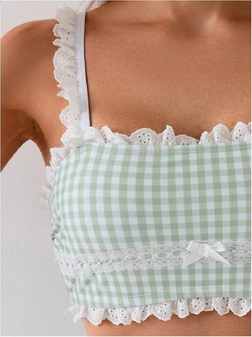 GORGLITTER Women's Plaid Gingham Cute Tankini Swimsuits with Shorts 2 Piece High Waisted Frill Lace Trim Bathing Suit in Saudi Arabia