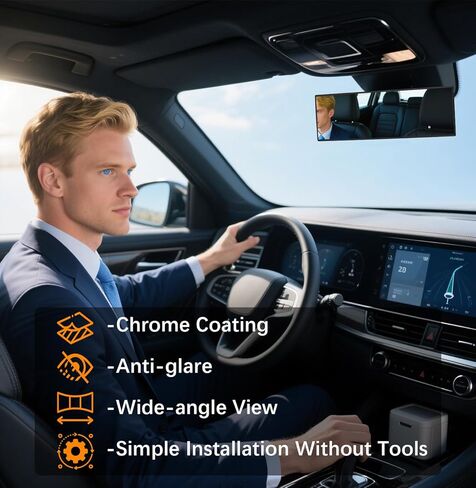 مرآة الرؤية الخلفية ، المرايا الخلفية بانورامية مضادة للكروم عالمي 12 بوصة محدب مقطع داخلي على موسع مرآة الرؤية الخلفية على نطاق واسع للغاية لتقليل البقعة العمياء لشاحنات سيارات السيارات سيارات سيارات in Kuwait