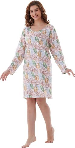 Nightgowns for Women, Women's Sleepwear Lightweight Cotton Nightdress, Crew Neck Sleepshirt Long Sleeve Loose Fit in Saudi Arabia