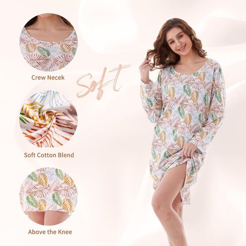 Nightgowns for Women, Women's Sleepwear Lightweight Cotton Nightdress, Crew Neck Sleepshirt Long Sleeve Loose Fit in Saudi Arabia
