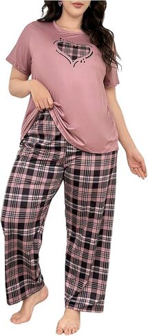 Oyoangle Women's Plus Summer Pajamas Heart Print Shirt Shirt و Plaid Pants Pjs Sleepwear in Saudi Arabia