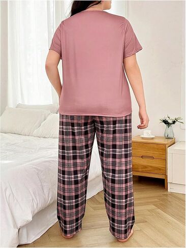 Oyoangle Women's Plus Summer Pajamas Heart Print Shirt Shirt و Plaid Pants Pjs Sleepwear in Saudi Arabia