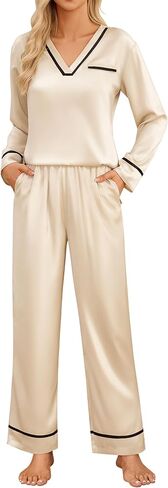 Blooming Jelly Womens Pajamas Set Satin 2 Piece Lounge Pj Cute Silk Long Sleeve Fall Sleepwear with Pockets in Saudi Arabia