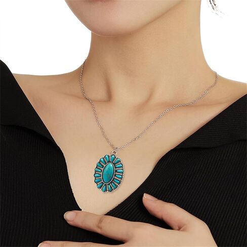 Dreuyet Turquoise Pendant Necklace for Women Natural Turquoise Western Handmade Bohemian Necklace Vintage Cross Horseshoe Navajo Boho Jewelry in Saudi Arabia