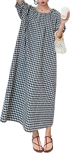 chouyatou Women's Casual Gingham Loose-Fit Swing Dress Cotton Lantern Puff Sleeve Plaid Midi Long Dress in Saudi Arabia