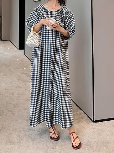 chouyatou Women's Casual Gingham Loose-Fit Swing Dress Cotton Lantern Puff Sleeve Plaid Midi Long Dress in Saudi Arabia