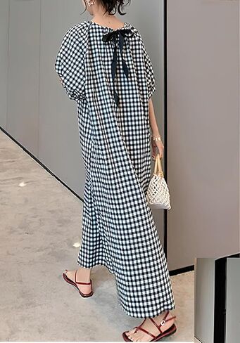 chouyatou Women's Casual Gingham Loose-Fit Swing Dress Cotton Lantern Puff Sleeve Plaid Midi Long Dress in Saudi Arabia