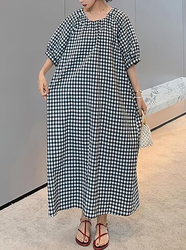 chouyatou Women's Casual Gingham Loose-Fit Swing Dress Cotton Lantern Puff Sleeve Plaid Midi Long Dress in Saudi Arabia