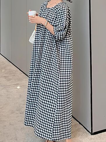 chouyatou Women's Casual Gingham Loose-Fit Swing Dress Cotton Lantern Puff Sleeve Plaid Midi Long Dress in Saudi Arabia