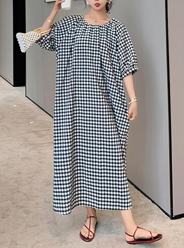 chouyatou Women's Casual Gingham Loose-Fit Swing Dress Cotton Lantern Puff Sleeve Plaid Midi Long Dress in Saudi Arabia