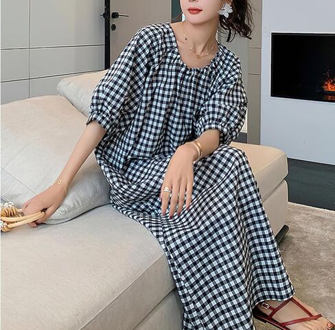 chouyatou Women's Casual Gingham Loose-Fit Swing Dress Cotton Lantern Puff Sleeve Plaid Midi Long Dress in Saudi Arabia