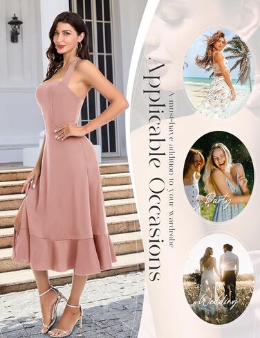 DRESSTELLS Women's Halter Cocktail Dresses 2025 Wedding Guest Formal Prom Bridesmaid Tea Length Split Ruffle Summer Dress in Kuwait